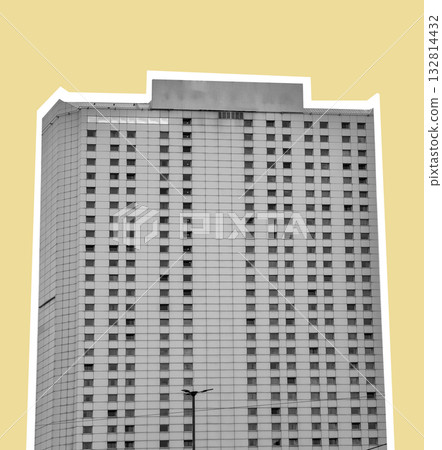 Concrete high rise building view. Tall residential and commercial structure with modern facade, 132814432
