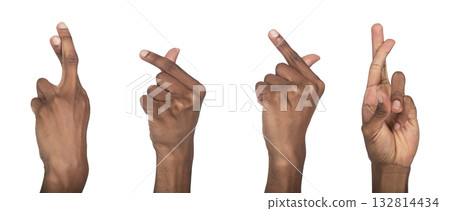 Finger crossing gesture. Dark-skinned male hand with index finger and thumb overlapped forming heart Finger crossing gesture. Dark-skinned male hand with index finger and thumb overlapped forming heart 132814434