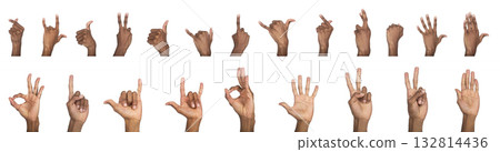 Finger gesture set. Dark-skinned male hand showing various signs like heart, peace, ok, thumb up and Finger gesture set. Dark-skinned male hand showing various signs like heart, peace, ok, thumb up and 132814436