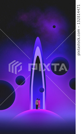 Surreal collage. Couple standing before futuristic glowing gate in cosmic violet landscape Surreal collage. Couple standing before futuristic glowing gate in cosmic violet landscape 132814471