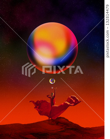 Contemporary collage. Woman in red dress reaching toward colorful sphere in surreal cosmic landscape Contemporary collage. Woman in red dress reaching toward colorful sphere in surreal cosmic landscape 132814479