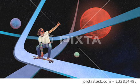 Man skateboarding on futuristic curved bridge with glowing planets in digital artwork Man skateboarding on futuristic curved bridge with glowing planets in digital artwork 132814483