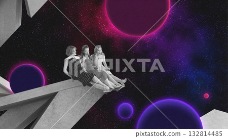 Creative digital artwork. Three women in vintage dresses on concrete structure under glowing planets in surreal space Creative digital artwork. Three women in vintage dresses on concrete structure under glowing planets in surreal space 132814485