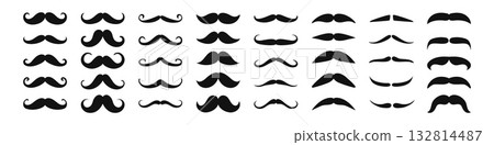 Mustache. Black silhouettes hipster mustache. Flat men whisker icons. Variation mustache styles, symbols, facial hair. Gentleman look. Barbershop elements. Vector set Mustache. Black silhouettes hipster mustache. Flat men whisker icons. Variation mustache styles, symbols, facial hair. Gentleman look. Barbershop elements. Vector set 132814487