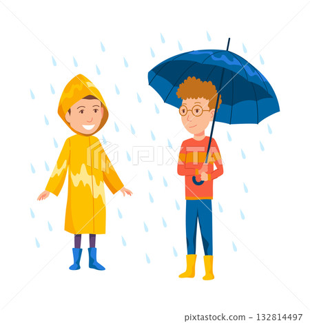 Cheerful children play joyfully in the rain, wearing colorful raincoats and holding umbrellas 132814497