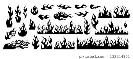 Black fire flames. Silhouette flame frame. Doodle fire borders, signs, icons, elements. Fantasy tribal fires. Abstract burning shape for tattoo, sport car stickers. Vector set Black fire flames. Silhouette flame frame. Doodle fire borders, signs, icons, elements. Fantasy tribal fires. Abstract burning shape for tattoo, sport car stickers. Vector set 132814501
