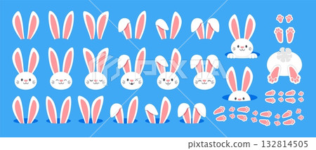 Bunny faces. Rabbit ears and muzzles. Cartoon animal character. Bunnies heads. Rabbits ears in hole, footprint trail, paws. Decor for Easter. Vector holiday elements set 132814505