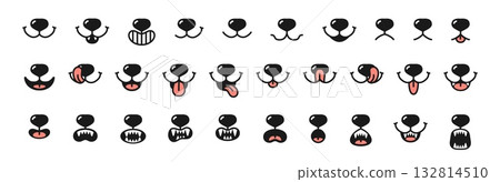 Dogs mouth expression. Animals face emotions. Cartoon various doggy character with tongue, nose, mouths, teeth. Happy, sad, funny, angry dog mood emojis. Vector set 132814510