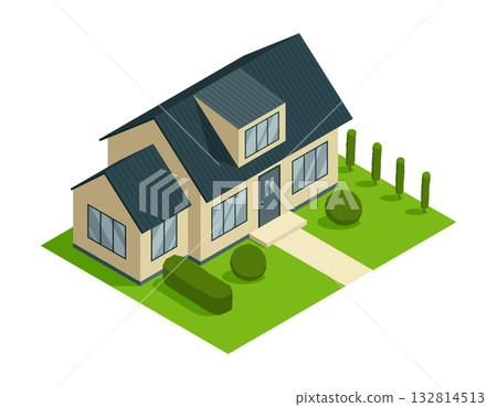 Isometric cottage icon. Suburb house composition with lawn vector illustration. Infographic element representing suburban building. Private house enterprises of real estate Isometric cottage icon. Suburb house composition with lawn vector illustration. Infographic element representing suburban building. Private house enterprises of real estate 132814513