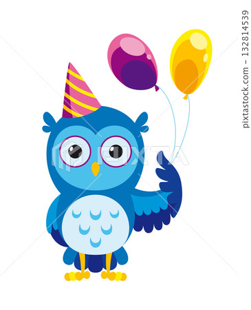The owl in a party hat is joyfully holding two bright balloons The owl in a party hat is joyfully holding two bright balloons 132814539