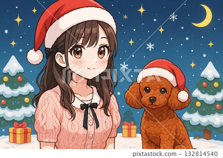 Girl with Santa hat and toy poodle / Anime-style illustration smiling on Christmas night 132814540