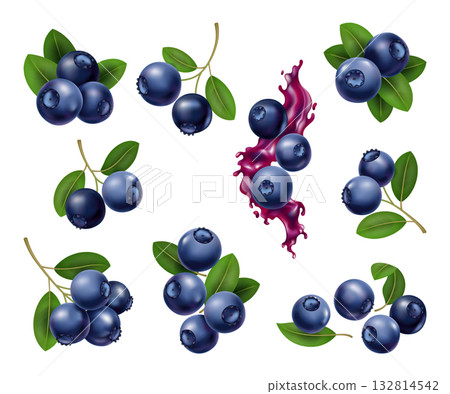 Blueberry watercolor illustration, Realistic watercolor depiction of blueberries and splashes, Illustration of fresh blueberries with green foliage and juice splashes 132814542