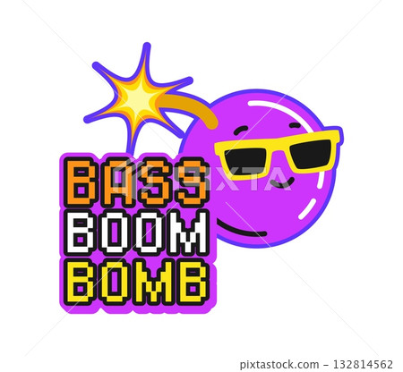 Dynamite and tnt vintage y2k sticker, bomb retro patch label. Vector badge featuring a purple cartoon grenade wearing yellow sunglasses with a lit fuse, evoking music, rhythm, and explosive energy Dynamite and tnt vintage y2k sticker, bomb retro patch label. Vector badge featuring a purple cartoon grenade wearing yellow sunglasses with a lit fuse, evoking music, rhythm, and explosive energy 132814562