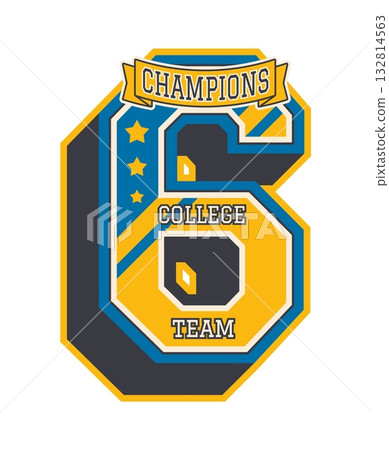 Number six varsity sport patch vector college sport label with text champions college team, decorative stars and banner. Emblem for varsity apparel, retro badge, school team and athletic uniforms 132814563