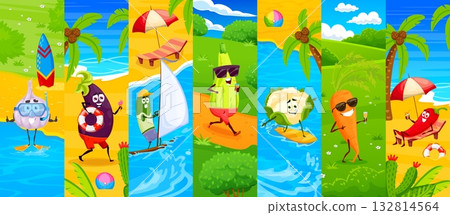 Cartoon cheerful vegetable characters on summer vacation. Cute garlic, eggplant, cucumber, zucchini, cauliflower, carrot and chili pepper having fun on tropical beach, relax, swim, surf and sunbathe 132814564