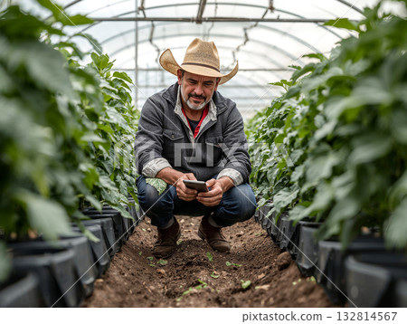 Modern farmer using a smartphone in a greenhouse. Smart agriculture and technology in farming concept. Man inspecting crop growth. 132814567