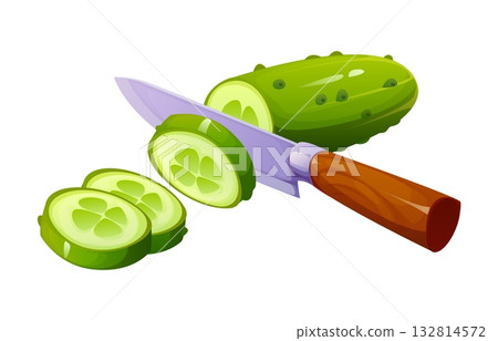 Cucumber cutting with knife, icon for kitchen utensils and cooking process, cartoon vector. Knife cut cucumber into slices for food cook process, preparation utensil, and kitchenware equipment symbol Cucumber cutting with knife, icon for kitchen utensils and cooking process, cartoon vector. Knife cut cucumber into slices for food cook process, preparation utensil, and kitchenware equipment symbol 132814572