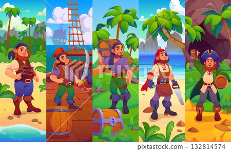Cartoon Caribbean pirate and corsair characters, ship crew collage on tropical beaches with treasure chests, swords, barrels, and rum mugs. Vector adventurous scenes with rover personages for games 132814574