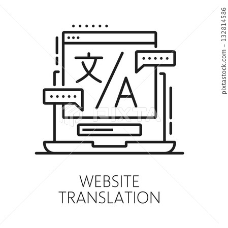 English language website translation line icon or pictogram. Language vocabulary lineart vector icon, english translation online service symbol. Foreign speech dictionary pictogram with laptop screen 132814586
