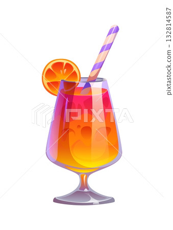 Cartoon cocktail glass, fast food dessert, sweet drink. Isolated vector tropical juice with a striped straw, orange slice garnish, red and yellow layers. Fruity beverage in transparent mug for beach Cartoon cocktail glass, fast food dessert, sweet drink. Isolated vector tropical juice with a striped straw, orange slice garnish, red and yellow layers. Fruity beverage in transparent mug for beach 132814587