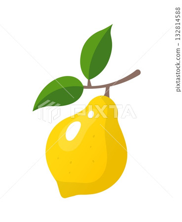Cartoon ripe yellow lemon hanging from branch with green leaves. Isolated vector tropical whole citrus fruit symbolizing freshness and juiciness. Healthy food, vitamin nutrition or snack Cartoon ripe yellow lemon hanging from branch with green leaves. Isolated vector tropical whole citrus fruit symbolizing freshness and juiciness. Healthy food, vitamin nutrition or snack 132814588
