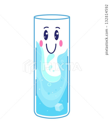 Cartoon fresh water drink character with cheerful expression. Isolated vector tall glass with smiling face and floating ice cube. Refreshing beverage in transparent container with blue bubbly liquid Cartoon fresh water drink character with cheerful expression. Isolated vector tall glass with smiling face and floating ice cube. Refreshing beverage in transparent container with blue bubbly liquid 132814592