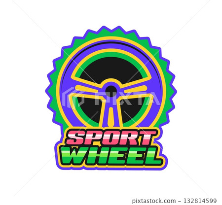 Car motor race championship Y2K retro sticker or print. Motorsport Y2K vector tag, rally championship label. Drag race grand prix retro sticker with steering wheel and colorful typography 132814599