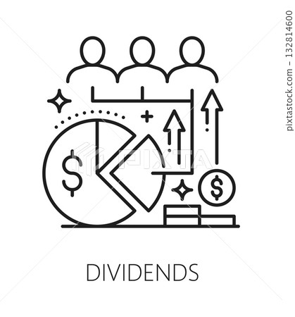 Investment dividends, finance line icon or pictogram. Business investor company vector icon, capital dividends outline symbol. Investment fund pictogram with shareholders dividend parts graph diagram Investment dividends, finance line icon or pictogram. Business investor company vector icon, capital dividends outline symbol. Investment fund pictogram with shareholders dividend parts graph diagram 132814600