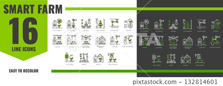 Smart robot farm agriculture technology line icons featuring concepts like pest control, pollination, weeding and plant ripening. Planting seed, seedling, lighting, watering and monitoring with drone Smart robot farm agriculture technology line icons featuring concepts like pest control, pollination, weeding and plant ripening. Planting seed, seedling, lighting, watering and monitoring with drone 132814601
