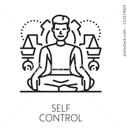 Self control life skills line icon or emblem. People potential linear vector icon, human quality outline sign. Personality life skills lineart pictogram or symbol with man meditating in lotus pose Self control life skills line icon or emblem. People potential linear vector icon, human quality outline sign. Personality life skills lineart pictogram or symbol with man meditating in lotus pose 132814605