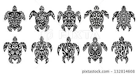 Tribal Maori turtle animal tattoo set. Isolated vector black tortoise reptile sacral symbols, ornate tribal art motifs. Mayan Aztec totem signs represent longevity and wisdom in folklore and mythology 132814608