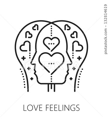 Love feelings mental health, psychology line icon or pictogram. Mental health outline vector sign, psychology problem thin line icon. Cognitive disorder symbol with head silhouette and love hearts 132814619