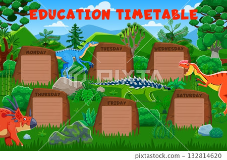 Education timetable schedule with funny prehistoric dinosaurs. Weekly educational planner for kids featuring labeled stone tablets for each weekday surrounded by cartoon dino in lush jungle landscape 132814620