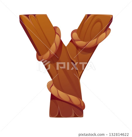 Pirates font letters or cartoon Caribbean corsairs typeface, vector English alphabet type. Wooden plank of ship or sailboat with sailing rope for pirate font and corsair sailing typeface letter Y 132814622