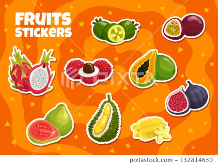 Cartoon tropical fruit stickers of guava, papaya, mango and exotic durian, vector pack. Tropical fruits stickers of whole and cut figs, starfruit carambola, passion fruit and rambutan or mangosteen 132814630