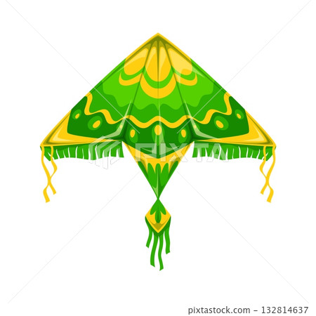 Festival paper kite, cartoon vector traditional green and yellow kite with decorative patterns and tassels. Kids toy for outdoor fun and festive activities. Indian Makar Sankranti holiday symbol Festival paper kite, cartoon vector traditional green and yellow kite with decorative patterns and tassels. Kids toy for outdoor fun and festive activities. Indian Makar Sankranti holiday symbol 132814637