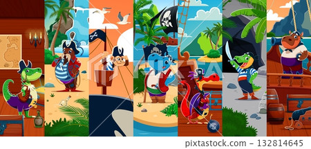 Caribbean animal pirate cartoon characters. Vector collage with crocodile, walrus, monkey, hippo, rhino and dragon buccaneers on ship, beach and island holding swords, treasure, cannons, maps, flags 132814645