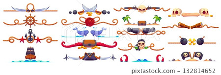 Marine and nautical dividers, pirate and corsair border frame, piracy decorations set for games featuring swords, skulls, cannons, anchors, ships, treasure, bombs, maps, tentacles and tropical islands 132814652