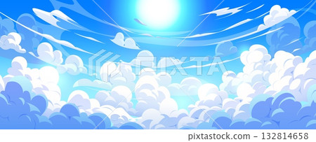Cartoon anime manga sky clouds background with layered cumulus clouds and glowing sunlight, sweeping curved streaks, shining sun, wide screen composition. Vector bright heaven, dreamy cloudscape view 132814658