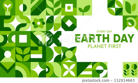 Earth day abstract geometric poster. Ecology environment green banner with nature patterns. Save our planet template with modern mosaic ornament. Vector cover or layout for April 22 celebration 132814663