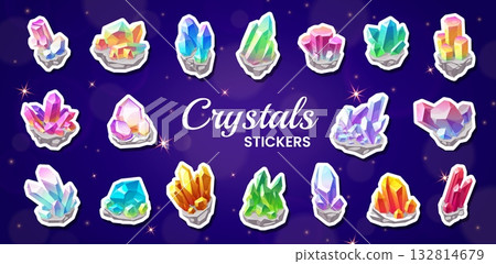 Cartoon magic stones, crystal gems and fantasy minerals stickers, vector pack. Stickers of shiny crystals and gemstones or precious jewels of cartoon ruby and emerald or sapphire with quartz diamond Cartoon magic stones, crystal gems and fantasy minerals stickers, vector pack. Stickers of shiny crystals and gemstones or precious jewels of cartoon ruby and emerald or sapphire with quartz diamond 132814679