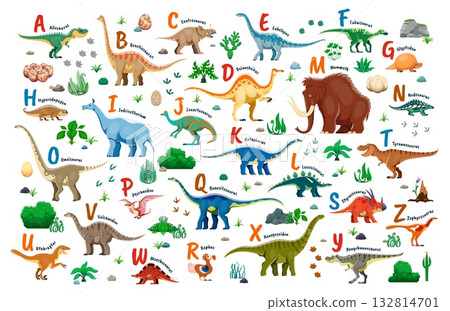 Kids dinosaurs alphabet from a to z featuring prehistoric creatures species and matching uppercase letters. Vector abc for education and early childhood learning with cartoon Jurassic reptile animals 132814701