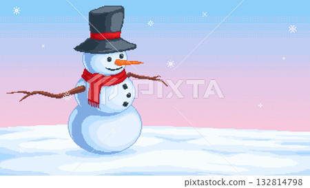 Pixel Art Snowman in Winter Landscape Pixel Art Snowman in Winter Landscape 132814798