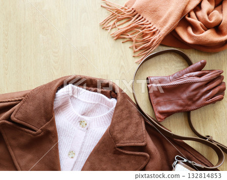 Spring autumn female outfit. Set of clothes, accessories . Camel coat , clothes, bag	 132814853