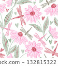 Watercolor seamless pattern with pink wildflowers and dragonflies flying over them Watercolor seamless pattern with pink wildflowers and dragonflies flying over them 132815322