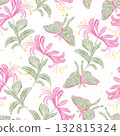 Watercolor seamless pattern with pink exotic flowers and butterflies fluttering above them. Watercolor seamless pattern with pink exotic flowers and butterflies fluttering above them. 132815324