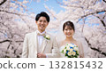 A wedding couple blessed by the spring breeze and cherry blossoms A wedding couple blessed by the spring breeze and cherry blossoms 132815432