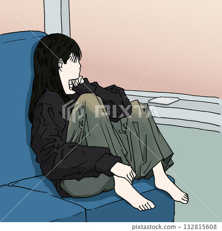 A woman sitting and looking out the window with earphones on (col) 132815608