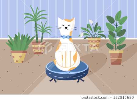 Funny pet cat sits on a robot vacuum cleaner. The interior of a room with flowers. Concept of home cleaning and automation of Household. Vector illustration of a flat cartoon style. Funny pet cat sits on a robot vacuum cleaner. The interior of a room with flowers. Concept of home cleaning and automation of Household. Vector illustration of a flat cartoon style. 132815680