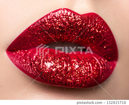 Perfect fashionable makeup. Female lips with bright red lipstick. Glamour background. Close-up. 132815718